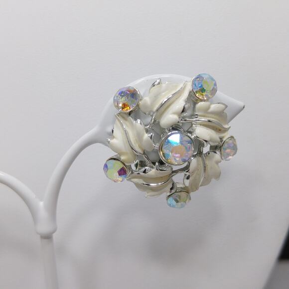 White Enamel Aurora Borealis Necklace & Earrings, Rhodium Plated, Wedding - Picture 10 of 10